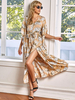 Robes Longues Imprimés Florales en Mousselines à Col V avec Manches Mi-longues Volantes Coupe Cintrée avec Ceinture avec Fente Bas Evasée Multicolores Robes Longues Eté Sexy