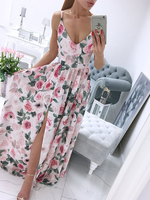 Robes Longues Imprimés Florales en Mousselines Eté Femme Sexy avec Bretelles à Col Décolleté en V Coupe Cintrée avec Fente Multicolores Robe Eté Sexy