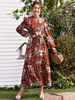 Robes Longues Imprimés Florales en Mousselines Femmes Etés à Col Montant avec Manches Longues Amples Coupe Cintrée à Lacets Bicolores Robes Longues Sexy