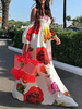 Robes Longues Imprimés Florales Femme avec Manches Longues avec Epaule Dénudées Bas Evasée Bicolores Robes Longues Sexy Eté