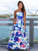 Robes Longues Imprimés Florales Femmes Eté Sexy avec Bretelles à Col Décontracté Coupe Cintrée Bas Evasée Bicolores Robe Eté Sexy