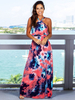 Robes Longues Imprimés Florales Femmes Eté Sexy avec Bretelles à Lacets à Col V Coupe Cintrée Bicolores Robe Eté Sexy