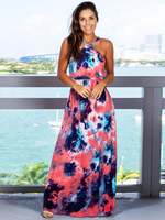 Robes Longues Imprimés Florales Femmes Eté Sexy avec Bretelles à Lacets à Col V Coupe Cintrée Bicolores Robe Eté Sexy