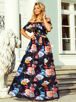 Robes Longues Imprimés Florales Femmes Eté Sexy avec Manches Courtes Epaule Dénudées Coupe Cintrée Bas Evasée Multicolores Robe Eté Sexy