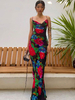Robes Longues Imprimés Florales Moulante avec Bretelles à Col Décolleté en V Coupe Cintrée Robe de Sirène Multicolores Robes Sexy Etés