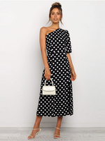 Robes Longues Imprimés Pois Femmes Eté Sexy avec Manches Courtes Epaule Dénudées Coupe Cintrée Bicolores avec Fente Robe Eté Sexy