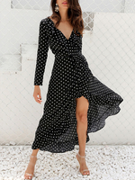 Robes Longues Imprimés Pois Femmes Etés avec Manches Mi-longues à Col V Coupe Cintrée à Lacets Bas Evasée Fente Latérale Bicolores Robes Etés Sexy