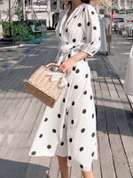 Robes Longues Imprimés Pois Femmes Etés avec Manches Mi-longues Amples à Col V Coupe Cintrée à Lacets Bas Evasée Bicolores Robes Etés Sexy