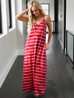 Robes Longues Imprimés Rayures Décontracté Femme Eté avec Bretelles à Col V Bas Evasée Bicolores Robes Eté Sexy