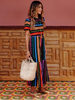 Robes Longues Imprimés Rayures Femmes à Col Rond avec Manches Courtes Coupe Cintrée Bas Evasée Multicolores Robes Longues Sexy
