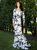 Robes Longues Imprimés robe fleurie Femmes à Col V avec Manches Longues Amples Coupe Cintrée Bas Evasées Bicolores Sexy Etés