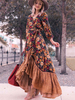 Robes Longues Imprimés robe fleurie Femmes avec Manches Longues Amples à Col V Coupe Cintrée Bas Volants Fente Sur Devant Multicolores