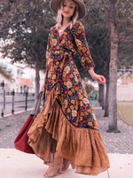 Robes Longues Imprimés robe fleurie Femmes avec Manches Longues Amples à Col V Coupe Cintrée Bas Volants Fente Sur Devant Multicolores