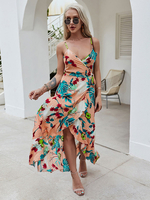 Robes Longues Imprimés robe fleurie Femmes Bohèmes à Col Décolleté en V avec Bretelles Coupe Cintrée à Lacets Fente Sur Devant Bas Evasée Multicolores Robes Sexy