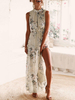 Robes Longues Imprimés robe fleurie Femmes en Mousselines à Col Montant sans Manches avec Dos Nu à Lacets Coupe Cintrée Bas Evasée