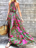 Robes Longues Imprimés robe fleurie Sexy à Col Rond avec Epaulés Dénudées Coupe Cintrée Elastique Bas Evasée Multicolores Sexy Robes Etés