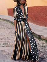 Robes Longues Imprimés Sexy Femme à Col Revers à Col Décolleté avec Manches Longues Coupe Cintrée avec Ceinture Fente sur Devant Tricolores Sexy