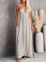 Robes longues ivoire col en V sans manches plissée asymétrique en polyester robe longue