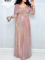 Robes longues manches 3/4 longueur manches rose col V poches Maxi robe de sol en polyester