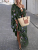 Robes longues manches bouffantes manches imprimé vert Jewel cou polyester Robe longue
