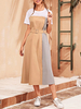 Robes longues manches courtes Camel Clolor Bloc Jewel cou mélange de coton Robe longue