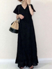 Robes longues manches courtes col en V boutons polyester robe longue noire