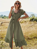 Robes longues manches courtes corail col en V fendu devant en polyester convertible