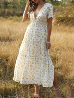 Robes longues Manches courtes Imprimé blanc Col en V à lacets Mélange de coton Robe longue