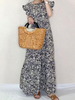 Robes longues manches courtes motif imprimé floral bleu marine foncé col bijou Maxi robe de longueur au sol en polyester