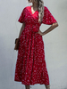 Robes longues manches courtes Robe de thé en polyester rouge à col en V