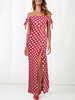 Robes longues manches courtes rouge à pois col bateau en mélange de coton robe de longueur de plancher