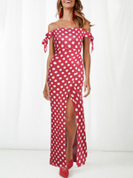 Robes longues manches courtes rouge à pois col bateau en mélange de coton robe de longueur de plancher