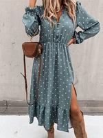 Robes longues manches longues bleu ciel clair à pois col en V polyester longueur de plancher robe