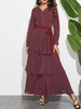 Robes longues manches longues bordeaux à pois col en V à lacets en mousseline de soie en mousseline de soie longueur robe