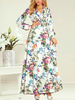 Robes longues manches longues imprimé fleuri blanc col en V à lacets en polyester longueur de plancher robe