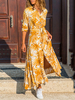 Robes longues manches longues imprimé fleuri orange col rabattu boutons robe longue en polyester fendu
