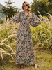 Robes longues manches longues kaki imprimé floral col en V fendu devant robe de longueur de plancher en polyester convertible