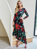 Robes longues manches longues motif imprimé floral col bijou polyester robe de longueur au sol noire