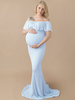 Robes Longues Maternités Moulantes Femmes avec Manches Courtes Volantes avec Epaule Dénudées Coupe Cintrée avec Traîne Unicolore