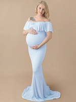 Robes Longues Maternités Moulantes Femmes avec Manches Courtes Volantes avec Epaule Dénudées Coupe Cintrée avec Traîne Unicolore