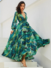 Robes Longues Maxi Femmes Imprimés les Fleurs à Col V avec Manches Longues Amples Coupe Cintrée Bas Evasée