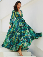 Robes Longues Maxi Femmes Imprimés les Fleurs à Col V avec Manches Longues Amples Coupe Cintrée Bas Evasée