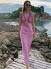 Robes Longues Moulantes en Satins Femmes avec Bretelles à Col Décolleté en V à Lacets Coupe Cintrée avec Dos Nu Unicolores Sexy