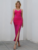 Robes Longues Moulantes Femmes avec Bretelles à Col Décolleté en V Coupe Cintrée Fente Latérale Unicolore Sexy