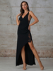 Robes Longues Moulantes Femmes avec Bretelles à Col Décolleté en V Coupe Cintrée Fente Latérale Unicolore Sexy