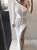 Robes Longues Moulantes Femmes en Résille avec Manches Longues Epaule Dénudée Coupe Cintrée Coupe Cintrée avec Ceinture Unicolore Robe Longue Eté Sexy
