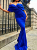 Robes Longues Moulantes Sirènes Femmes avec Manches Courtes avec Epaules Dénudées à Col Décolleté en V Coupe Cintrée Unicolore Sexy