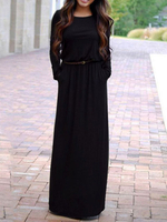 Robes longues noires femmes col bijou manches longues robe de longueur de plancher