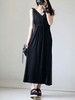 Robes longues noires sans manches col en V polyester robe dété longueur de plancher robe droite