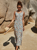 Robes longues sans manches bleu ciel clair imprimé fleuri col bijou fendu devant robe asymétrique en polyester longueur de plancher